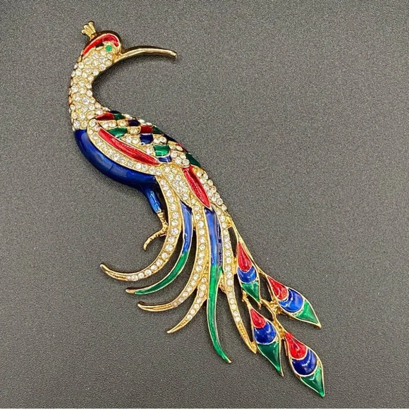 Colorful Bird Brooch In Blue, Red, Green Enamel and Sparkly Rhinestones in Gold - Picture 1 of 16